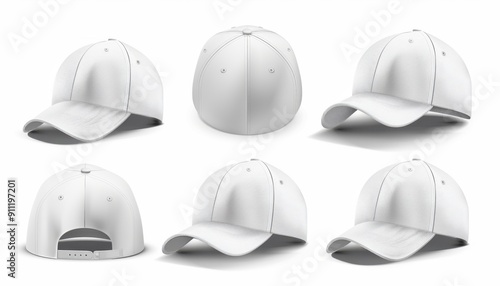 Realistic White Baseball Cap Displayed From Multiple Angles on a Clean Background