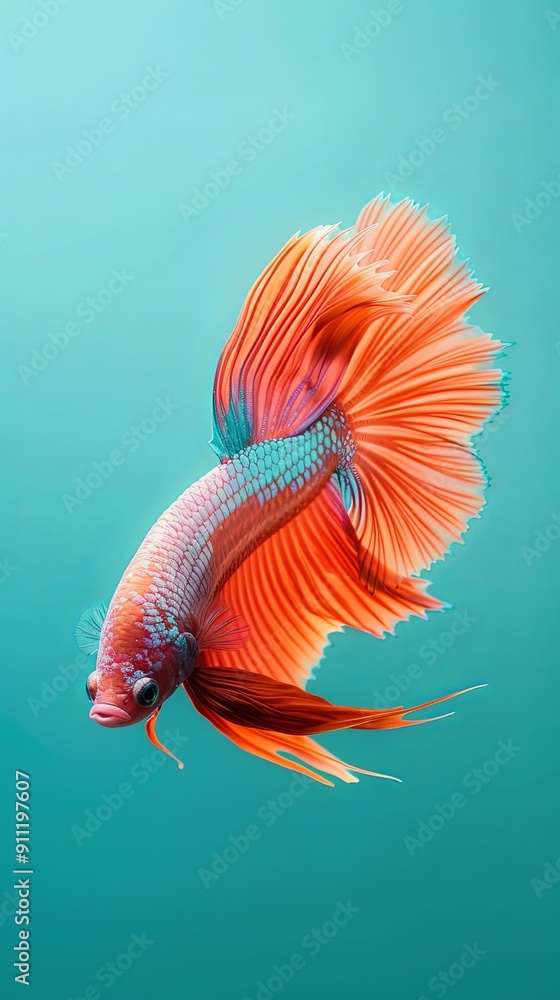 Vibrant orange Betta fish with flowing fins against a teal background. Vibrant orange Betta fish with flowing fins against a teal background.
