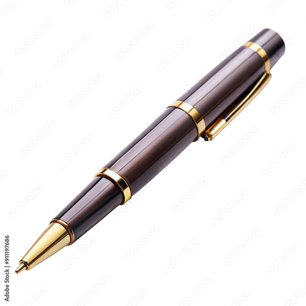 Close-up of a luxurious brown ballpoint pen with gold accents. Close-up of a luxurious brown ballpoint pen with gold accents.