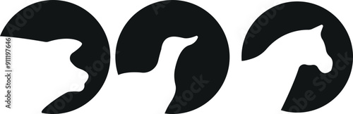 set of templates of round stickers with animals, namely with the shadow of a bull, piglets and ducks vector