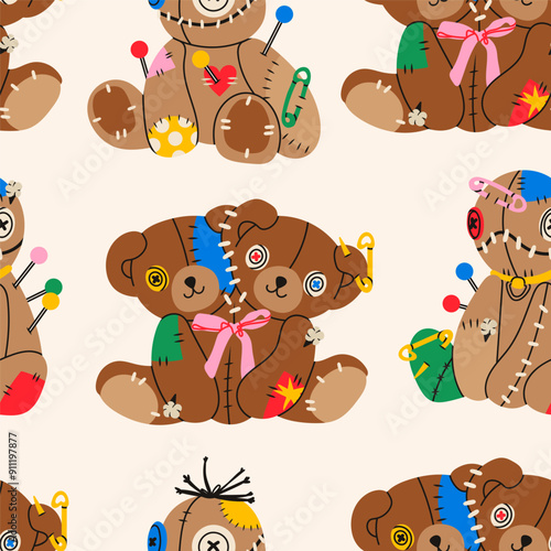 Voodoo dolls with needles, pins, patches. Cute funny creatures. Cartoon style characters. Hand drawn Vector illustration. Rag, textile, fabric toy. Square seamless Pattern, background, wallpaper