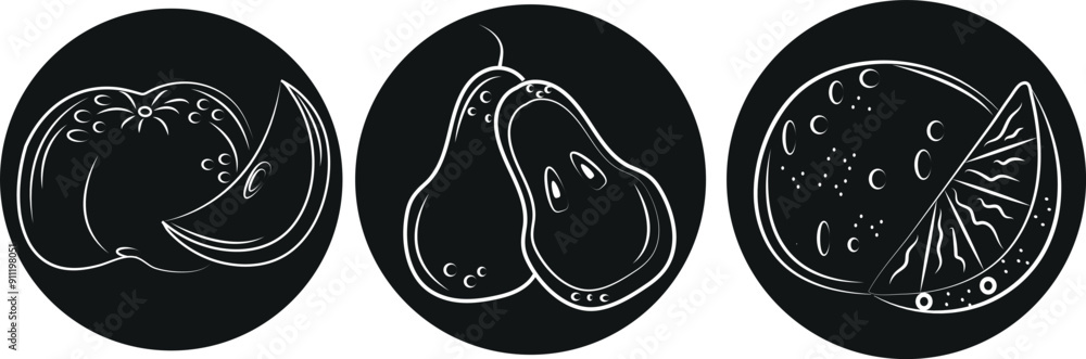 set of round sticker templates with fruit outline, namely apple, pear outline, vector