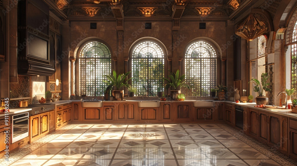 Fototapeta premium Luxurious Kitchen with Arched Windows
