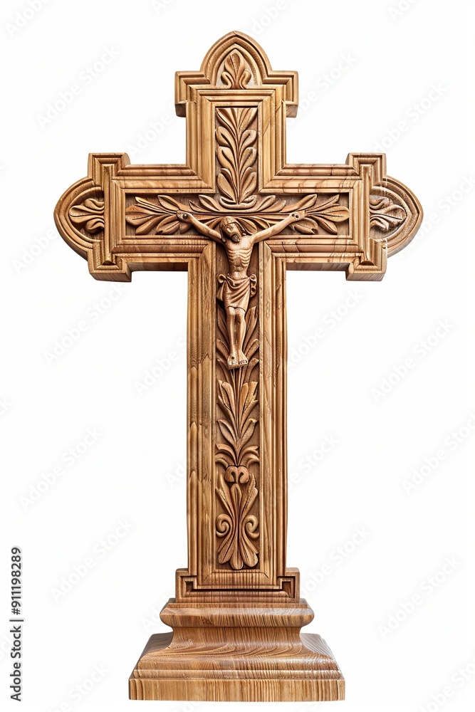 Intricately carved wooden cross with a sculpted figure of Jesus Christ. Intricately carved wooden cross with a sculpted figure of Jesus Christ.