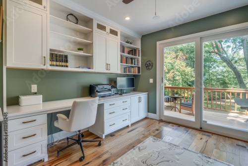 Wallpaper Mural modern home office with white cabinets, wood floors and a sliding glass door to the patio Torontodigital.ca