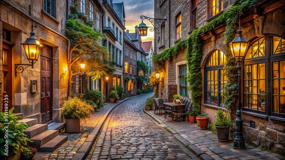 Ancient cobblestone street lined with historic buildings, ornate lanterns, and charming cafes, evoking a sense of nostalgia and mystery in the Old Town's grand alley. Ancient cobblestone street lined with historic buildings, ornate lanterns, and charming cafes, evoking a sense of nostalgia and mystery in the Old Town's grand alley.