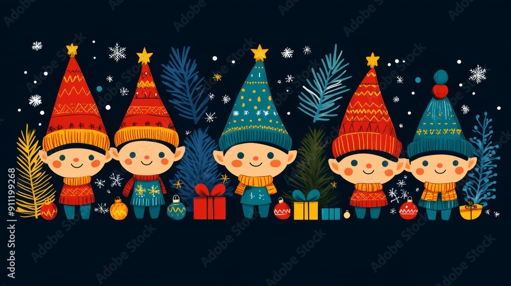 Cheerful elves celebrating the holiday season, surrounded by gifts and festive decorations amidst a snowy backdrop. Cheerful elves celebrating the holiday season, surrounded by gifts and festive decorations amidst a snowy backdrop.