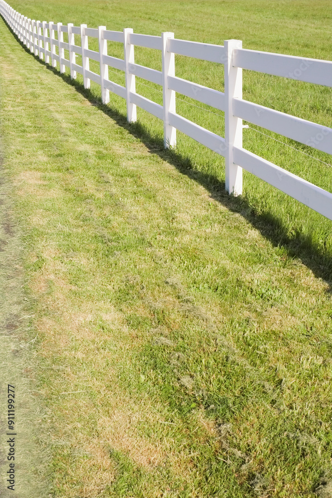A long white farm fence in countryside, Hockinson, Washington, USA. A long white farm fence in countryside, Hockinson, Washington, USA.