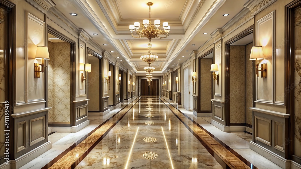 Luxurious hotel corridor featuring sleek lines, marble floors, and ornate moldings, bathed in soft, ambient light, evoking a sense of opulent serenity and expansive sophistication. Luxurious hotel corridor featuring sleek lines, marble floors, and ornate moldings, bathed in soft, ambient light, evoking a sense of opulent serenity and expansive sophistication.
