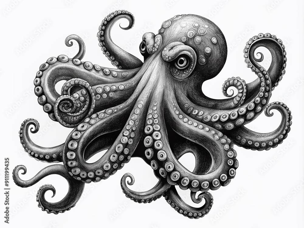 Intricately hand-drawn black and white illustration of an octopus, meticulously capturing each tentacle's texture and suction cup in exquisite, high-contrast detail. Intricately hand-drawn black and white illustration of an octopus, meticulously capturing each tentacle's texture and suction cup in exquisite, high-contrast detail.