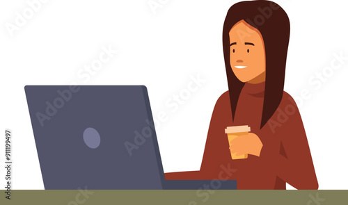 Young woman is enjoying a cup of coffee while working from home on her laptop