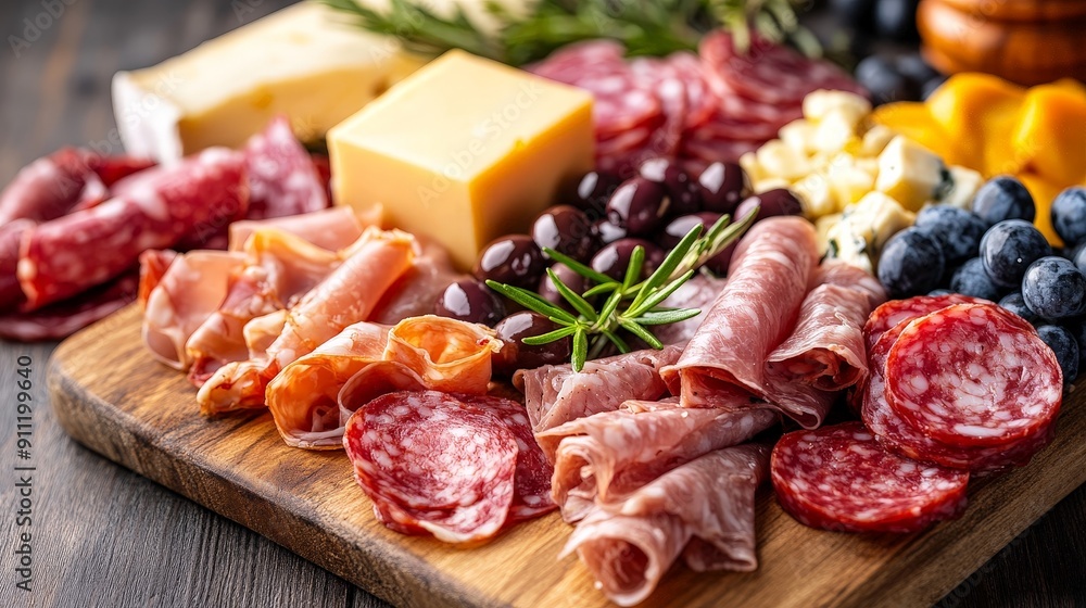 Delicious Food Tray with Salami, Ham, Sausage, and Vegetables Delicious Food Tray with Salami, Ham, Sausage, and Vegetables