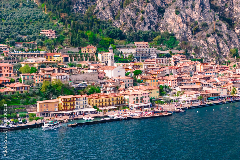 Historic Italian town of Limone Sul Garda on shore Lake Garda in Italy. Aerial view Historic Italian town of Limone Sul Garda on shore Lake Garda in Italy. Aerial view