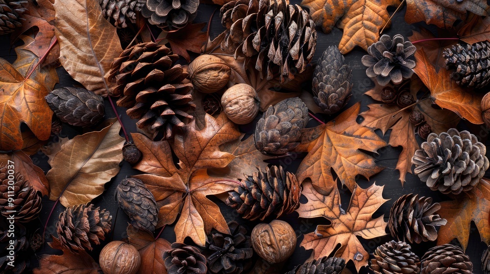 Fall backdrop featuring withered foliage pinecones and oak nuts Fall backdrop featuring withered foliage pinecones and oak nuts