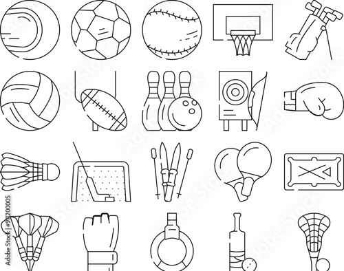 Sport Game Sportsman Activity Icons Set Vector. Rugby American Football And Soccer, Golf And Cricket, Baseball Tennis, Basketball And Volleyball Sport. Sportive Equipment Black Contour Illustrations