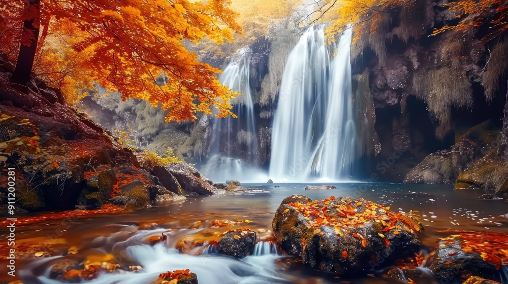 Fall foliage and rocks by creek in mountain forest with waterfall Fall foliage and rocks by creek in mountain forest with waterfall