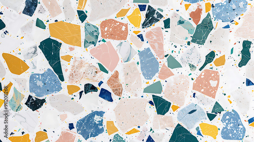 Abstract terrazzo background with blue, yellow, and green colors, perfect for modern interior design projects. 
