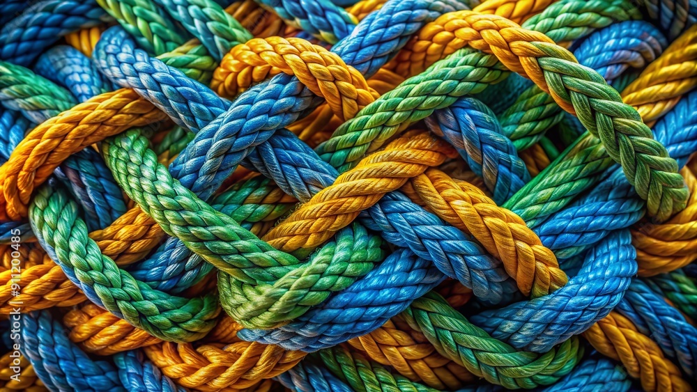 Vibrant and colorful knotted rope with intricate patterns, featuring intertwined threads of blue, green, yellow, and orange, showcasing a mesmerizing texture and complex design. Vibrant and colorful knotted rope with intricate patterns, featuring intertwined threads of blue, green, yellow, and orange, showcasing a mesmerizing texture and complex design.