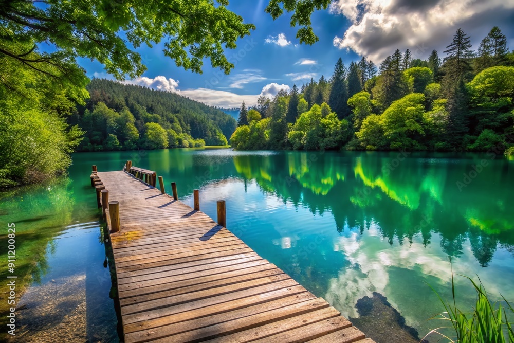Serene lakefront scene featuring a vacant wooden pier jutting out into calm turquoise water, surrounded by lush greenery, perfect for evoking focus and tranquility. Serene lakefront scene featuring a vacant wooden pier jutting out into calm turquoise water, surrounded by lush greenery, perfect for evoking focus and tranquility.