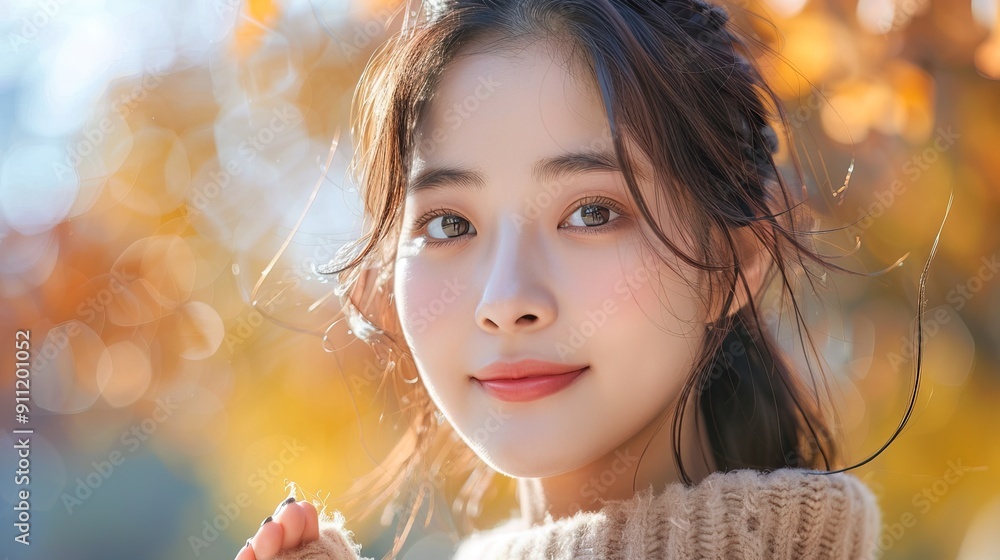Fototapeta premium Beautiful smiled korean woman kiss expression, hand kiss away pose