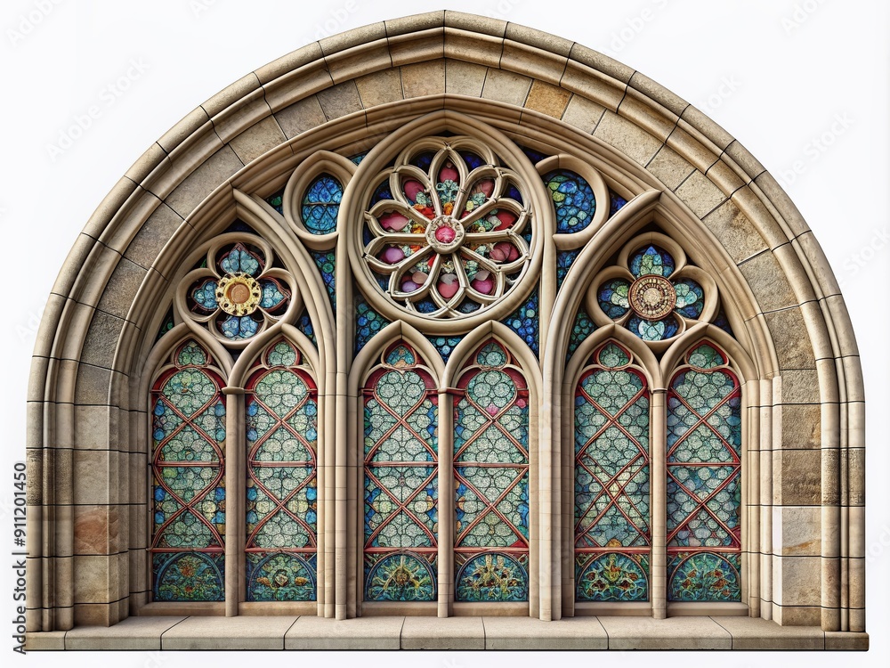 Intricate Gothic window with arched stone framework and stained glass detailing, beautifully isolated on a clean white background, emphasizing its architectural elegance. Intricate Gothic window with arched stone framework and stained glass detailing, beautifully isolated on a clean white background, emphasizing its architectural elegance.