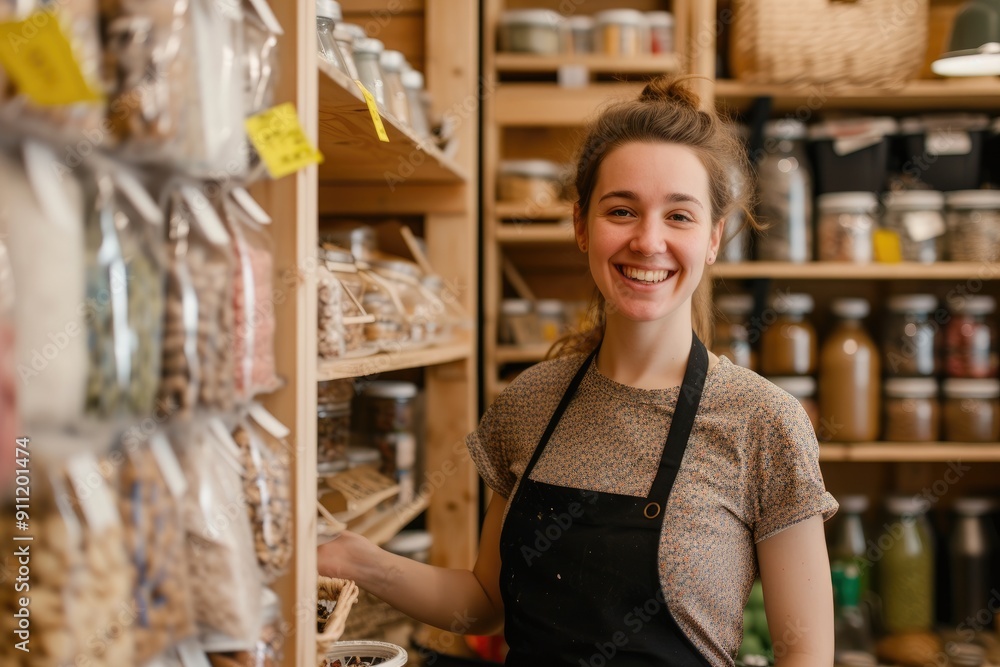 Smiling Storekeeper with Eco-Friendly Products in Zero Waste Shop Smiling Storekeeper with Eco-Friendly Products in Zero Waste Shop