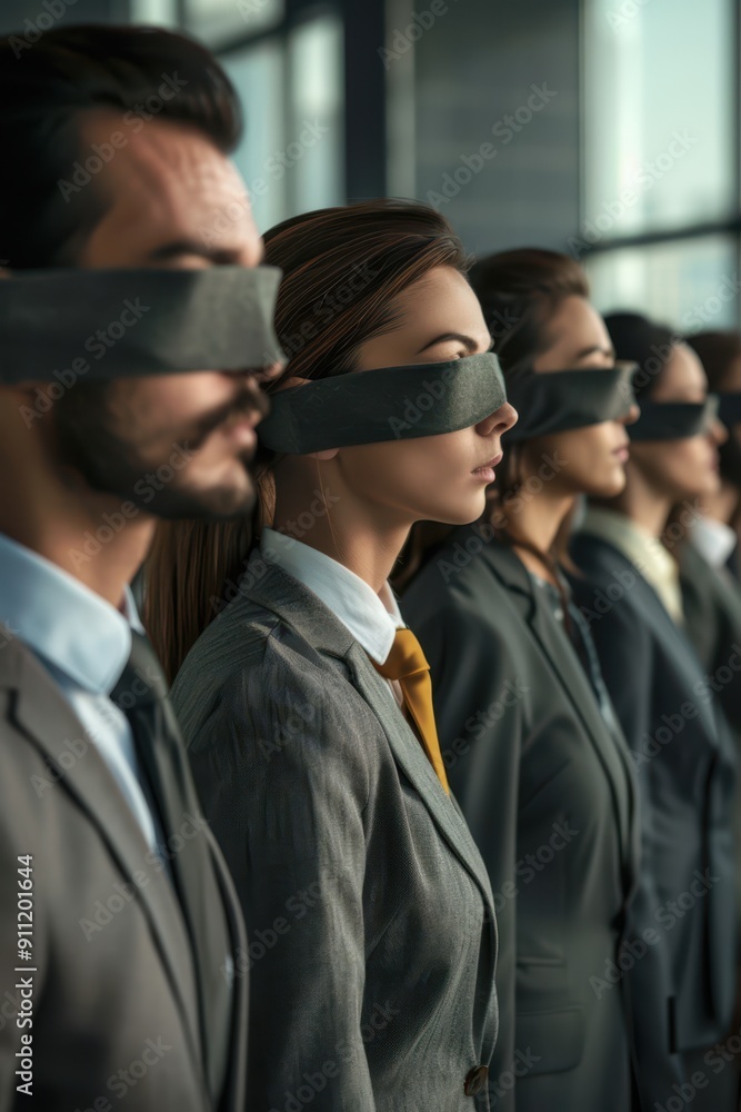 a group of business people wearing blindfolds a group of business people wearing blindfolds