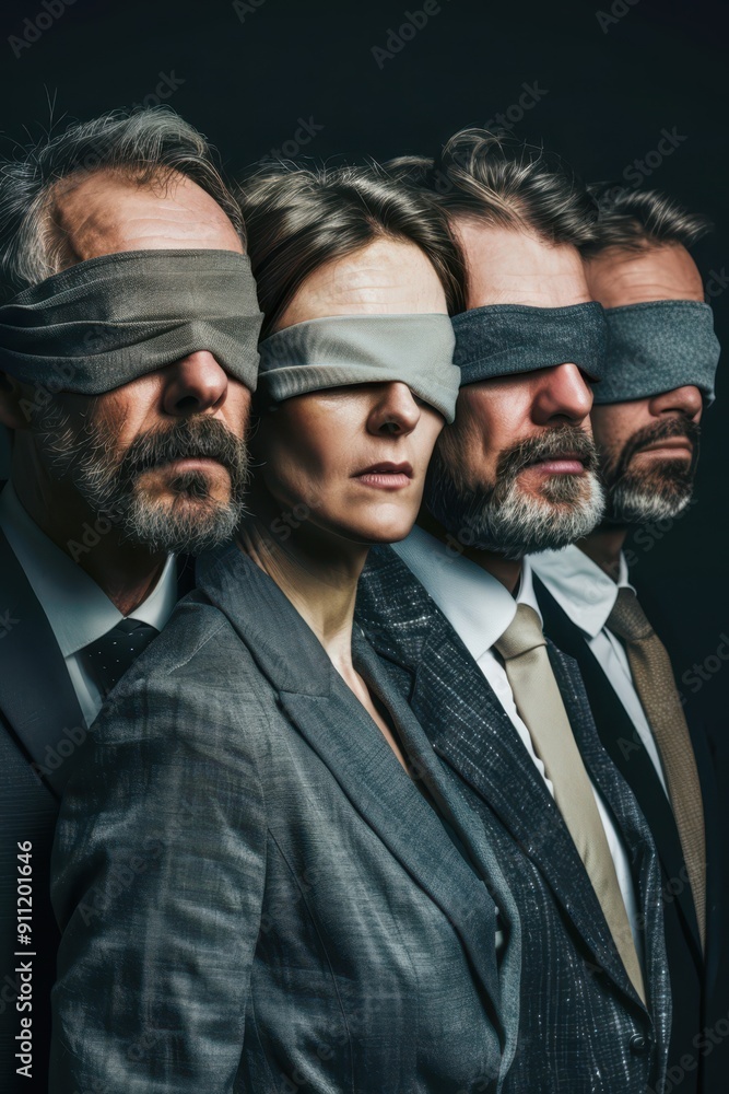 five business people with blindfolds on their faces five business people with blindfolds on their faces