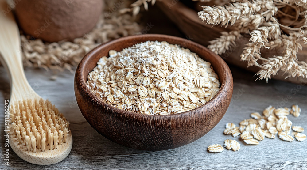 DIY Spa Recipe Ingredients: Oatmeal Bowl and Wooden Brush for Home Beauty Treatments. DIY Spa Recipe Ingredients: Oatmeal Bowl and Wooden Brush for Home Beauty Treatments.