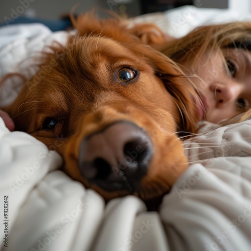 a woman laying on a bed with a dog photo