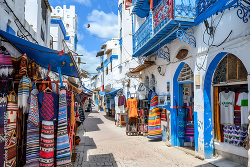 Vibrant textiles and blue doors create a colorful and inviting atmosphere in a Moroccan marketplace. 
