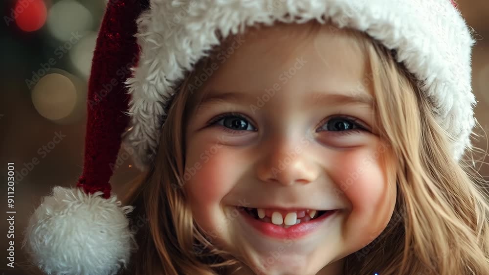 Sweet child smiling joyfully in santa hat during christmas celebration at home Sweet child smiling joyfully in santa hat during christmas celebration at home