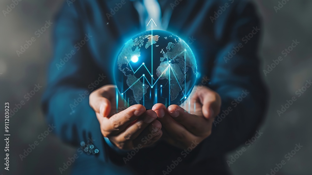 Businessman Holding a Holographic Earth with Growth Charts Businessman Holding a Holographic Earth with Growth Charts