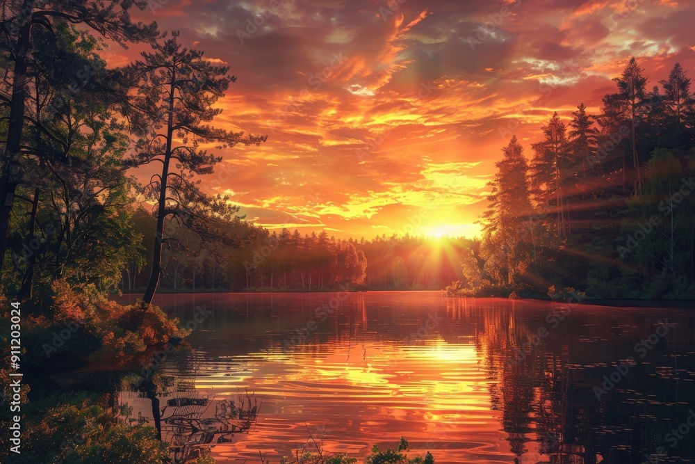 Fototapeta premium Vibrant sunset reflected on a calm lake surrounded by trees.