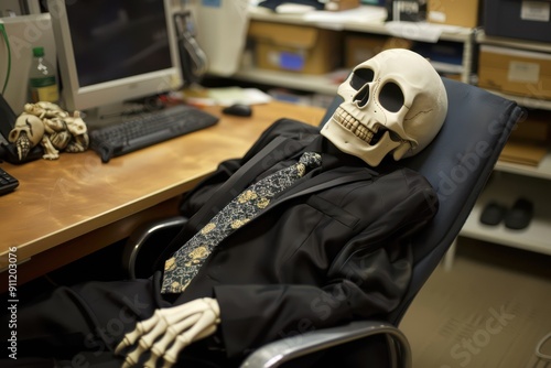 a skeleton in a suit sitting in an office chair photo