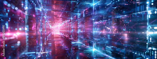 A futuristic neon pink and blue digital tunnel, perfect for technology and sci-fi concepts. 