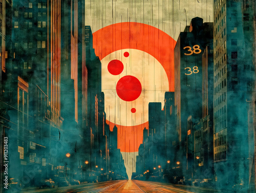 A cityscape with a large red circle in the middle. The circle is surrounded by smaller circles and the background is a city with tall buildings. The image has a surreal and dreamy feel to it