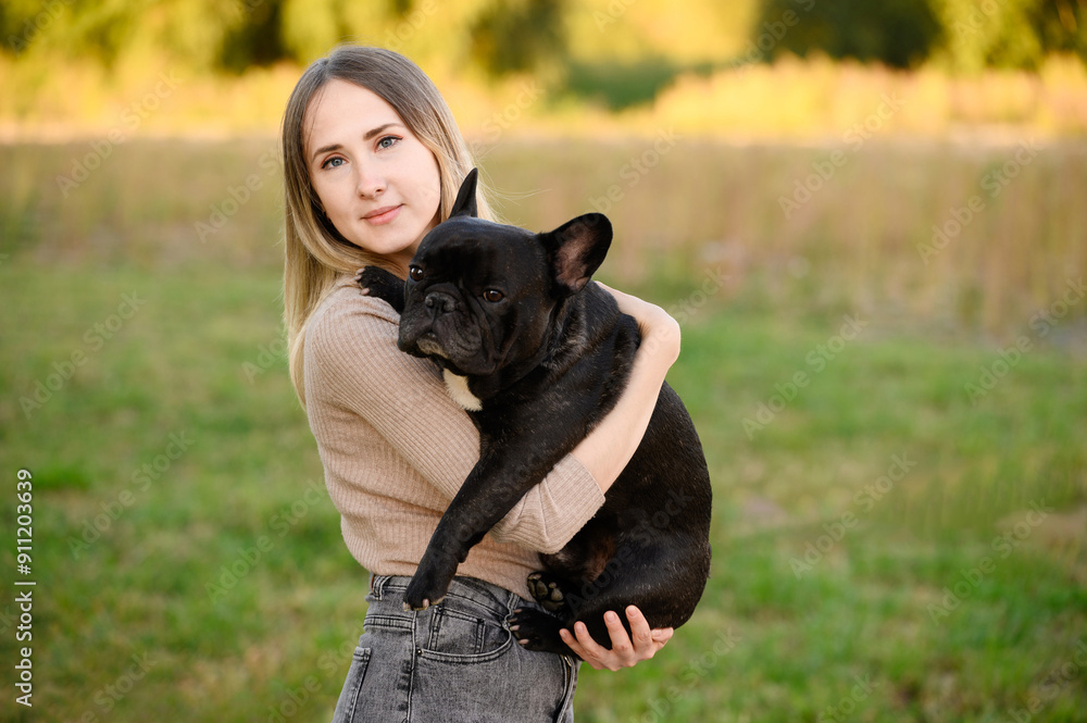 Woman hugging, holding her beloved pet French bulldog, smiling while holding him close, during walk. Beloved dog in arms of its owner. Concept of pet care, pet adoption. Woman hugging, holding her beloved pet French bulldog, smiling while holding him close, during walk. Beloved dog in arms of its owner. Concept of pet care, pet adoption.
