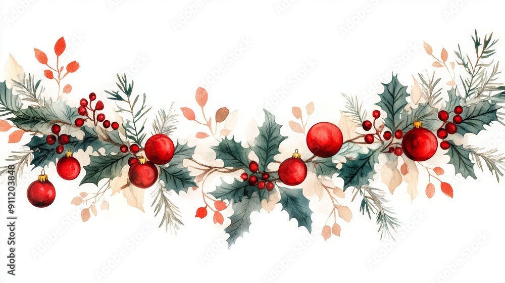 Elegant Christmas garland featuring holly, berries, and ornaments for festive holiday decoration. Elegant Christmas garland featuring holly, berries, and ornaments for festive holiday decoration.