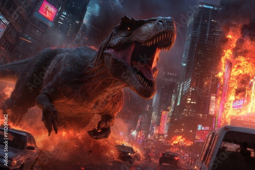 A terrifying T-Rex rampages through a city engulfed in flames, causing widespread destruction and chaos as cars flee and buildings collapse around it. photo