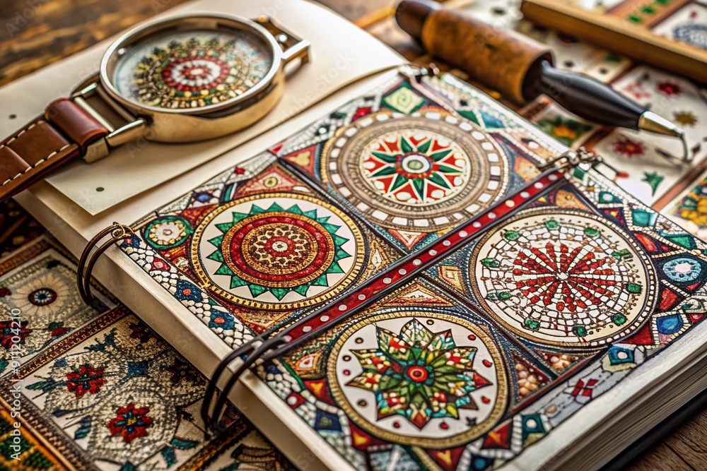 Obraz premium Intricately designed sketchbook pages display vibrant cultural motifs, traditional patterns, and ornate details, blending artistic flair with rich heritage to craft an exceptional timepiece.
