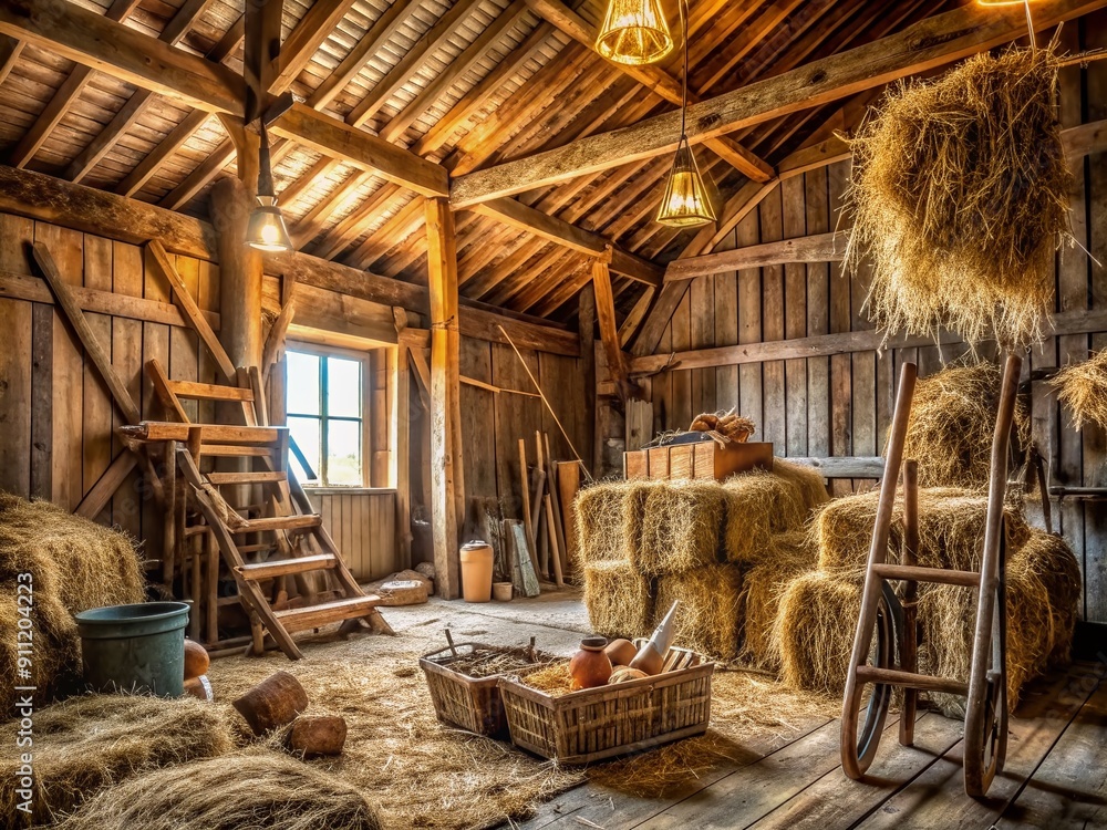 Rustic wooden barn interior with abundant dry hay stacks, old wooden beams, and traditional farm tools, evoking a sense of rural simplicity and tranquility. Rustic wooden barn interior with abundant dry hay stacks, old wooden beams, and traditional farm tools, evoking a sense of rural simplicity and tranquility.