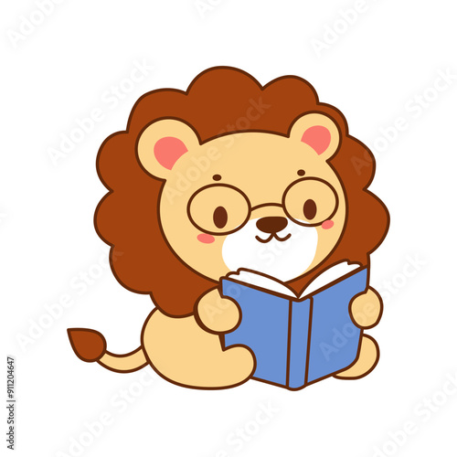 Cute Lion Reading a Book
