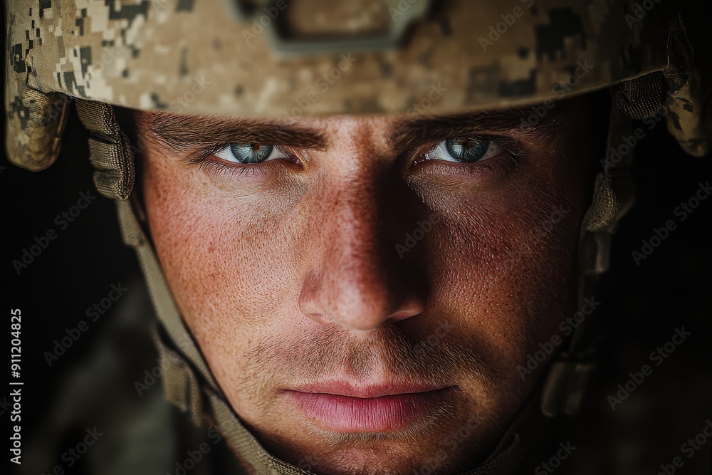 A detailed close-up of a military helmet featuring a camouflage pattern, straps, and some fabric elements, symbolizing readiness and protection in combat scenarios. A detailed close-up of a military helmet featuring a camouflage pattern, straps, and some fabric elements, symbolizing readiness and protection in combat scenarios.