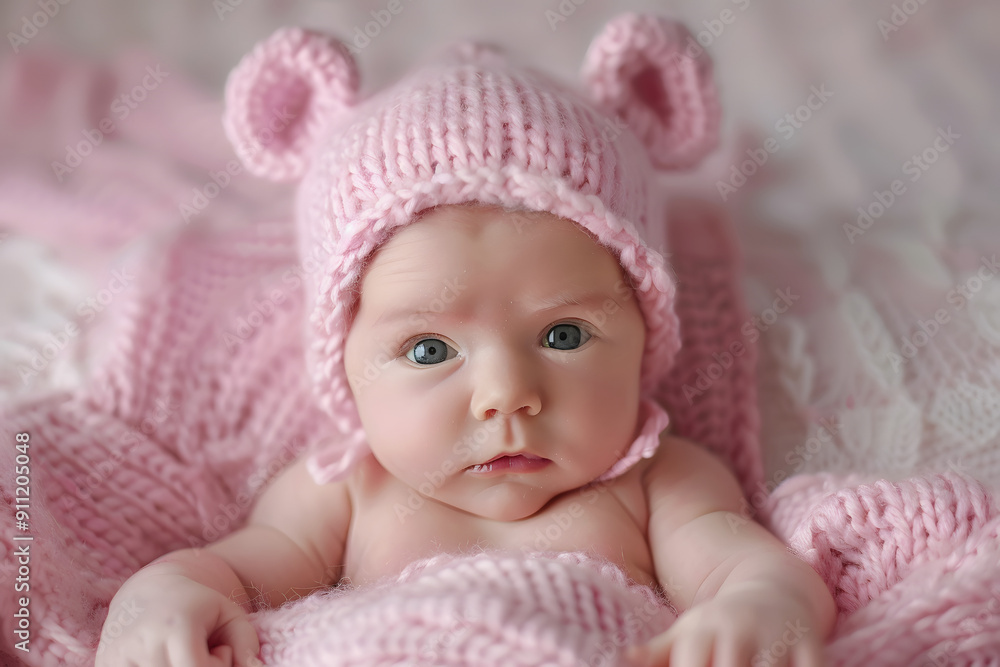 newborn baby girl in pink knitted bear hat newborn baby girl in pink knitted bear hat