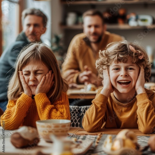 family of four at the kitchen table photo