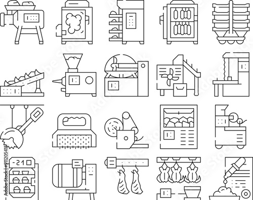 Meat Factory Production Equipment Icons Set Vector. Smoking And Baking Chamber For Preparing Meat, Grinder And Carcass Conveyor Plant Tool, Circula And Band Saws Black Contour Illustrations