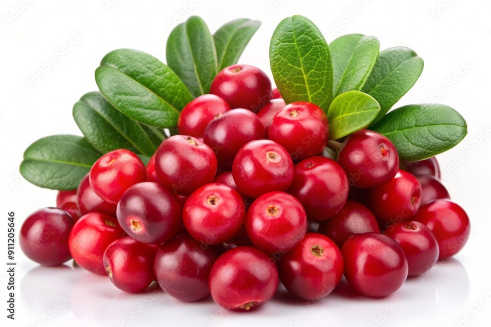 Fresh Red Lingonberries with Green Leaves Isolated on White. Fresh Red Lingonberries with Green Leaves Isolated on White.