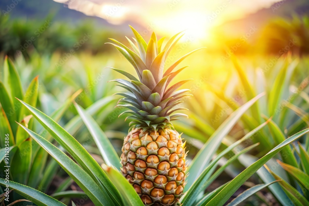 Pineapple Growing in a Field with a Golden Sunset. Pineapple Growing in a Field with a Golden Sunset.