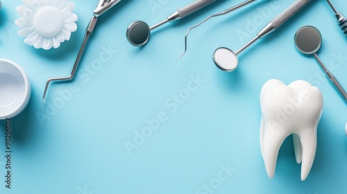 Dental Tools and Tooth on Blue Background